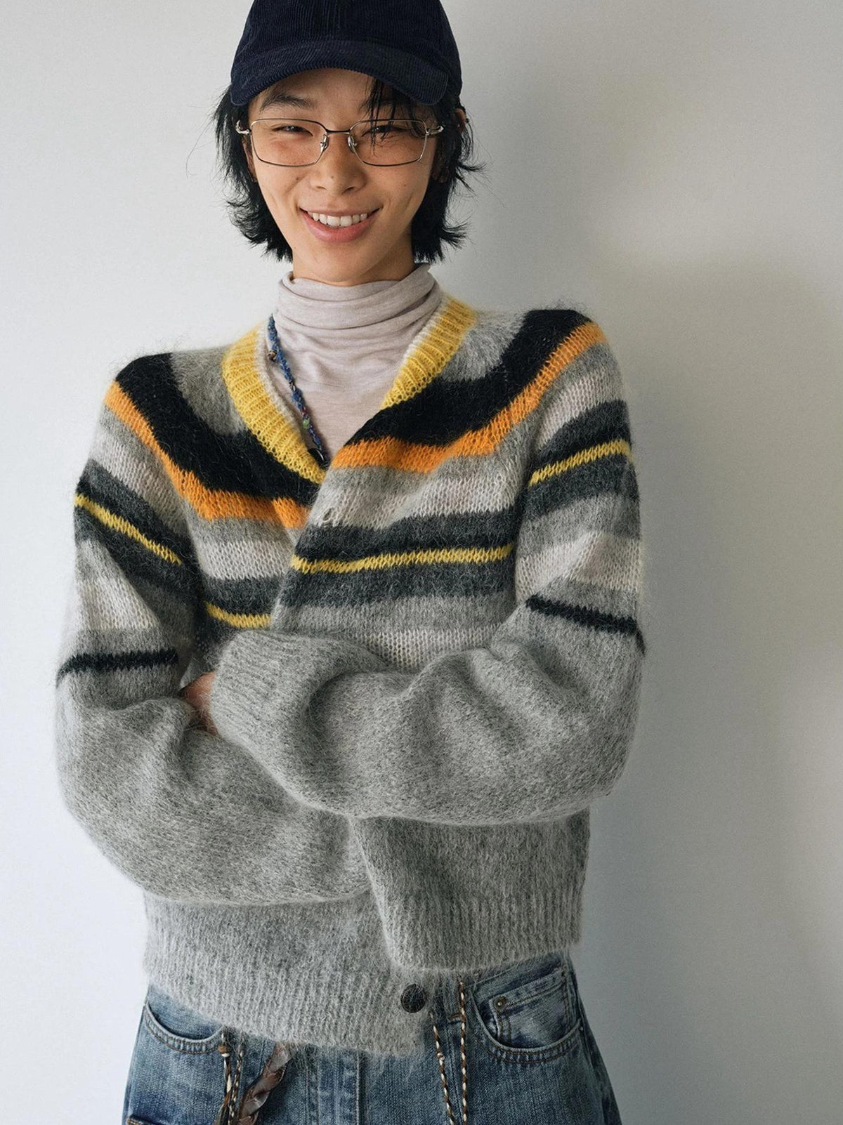 LUXURY MOHAIR STRIPED KNIT SWEATER