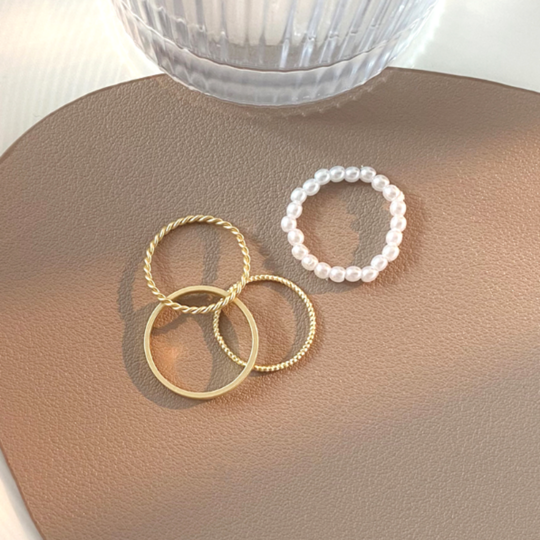 [Calma] GOLD &amp; PEARL RING SET (4-piece set)