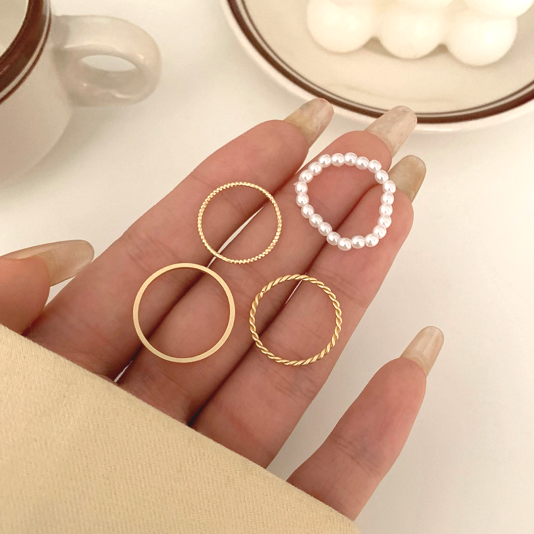 [Calma] GOLD &amp; PEARL RING SET (4-piece set)